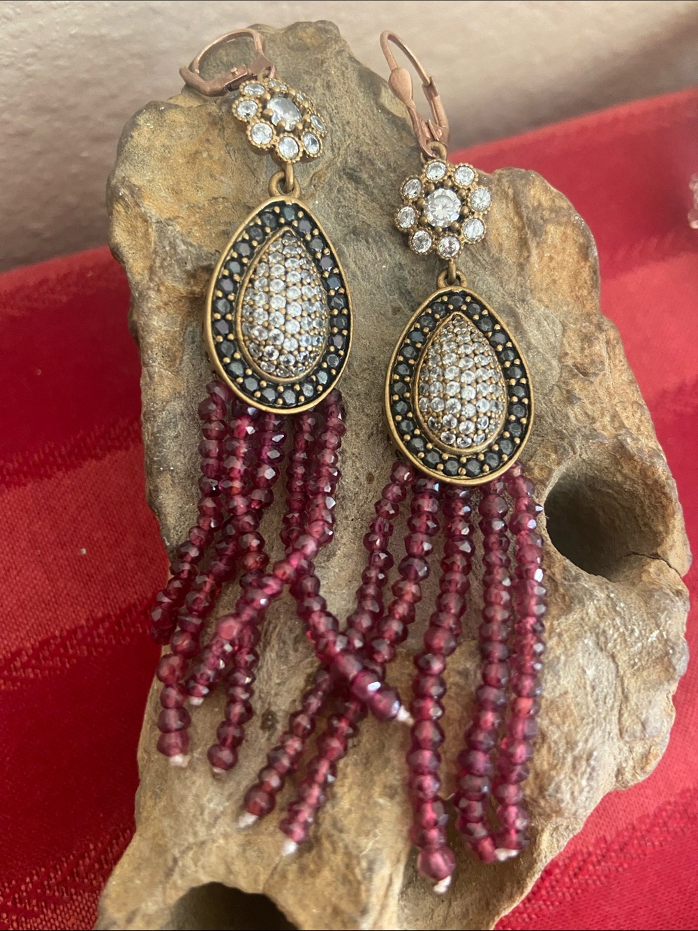 Vintage 925 Sterling With Gold Vermeil GARNETS CZs Dangling Earrings